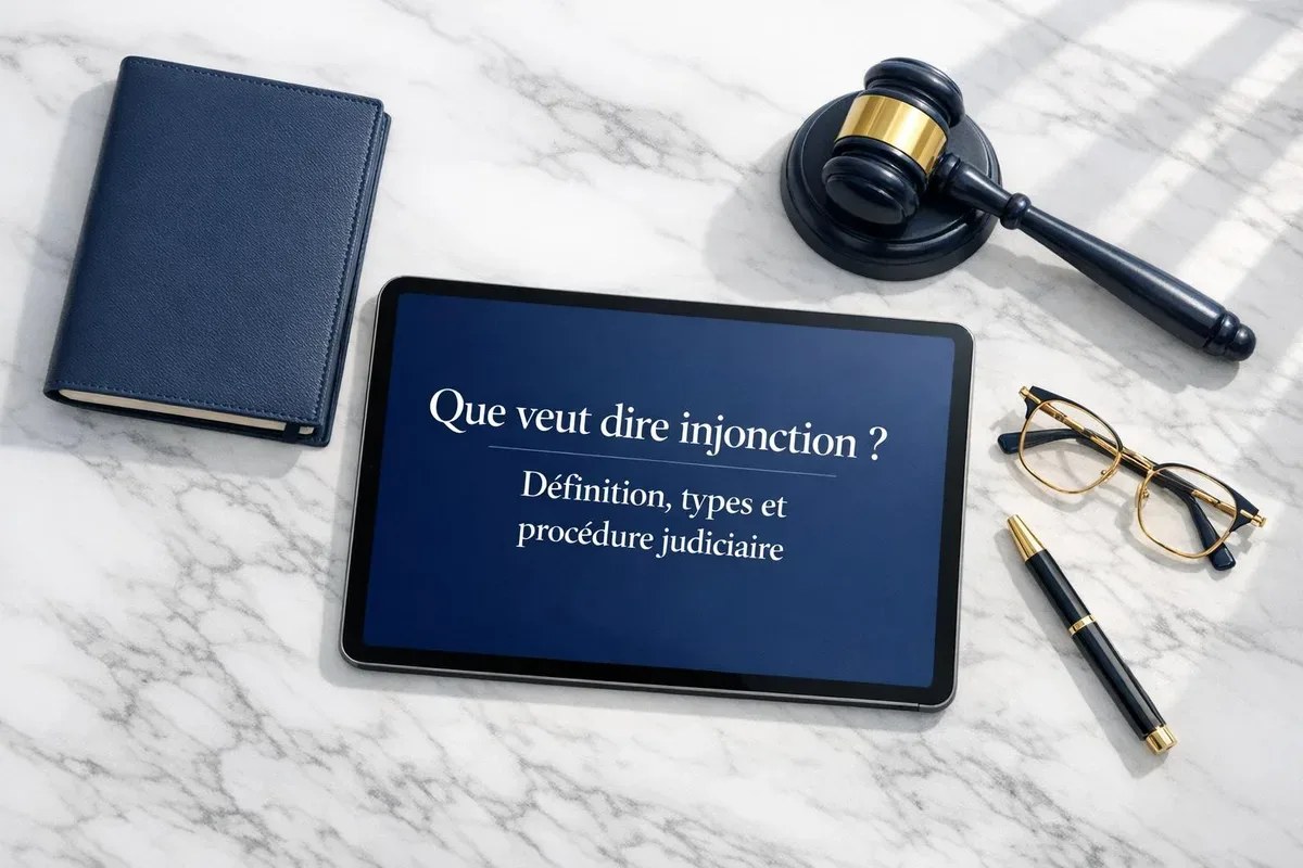Ordonnance d'injonction posée sur un bureau de tribunal, avec un marteau de juge en arrière-plan