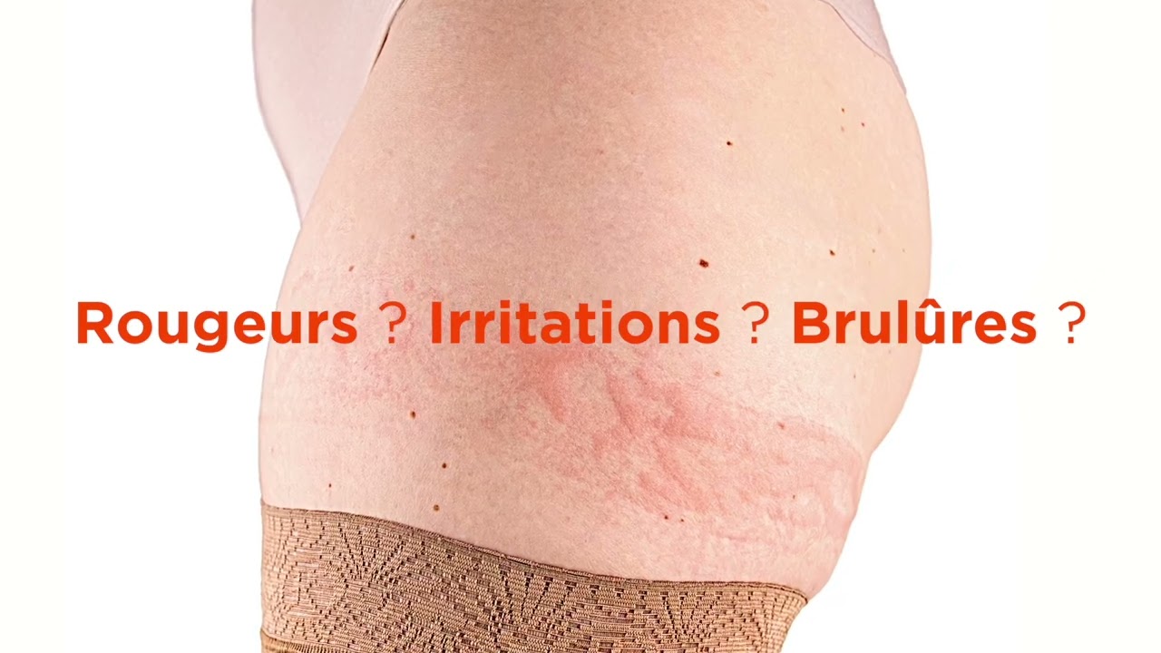 Bas de contention médical enfilé sur une jambe, vue de la cheville au genou
